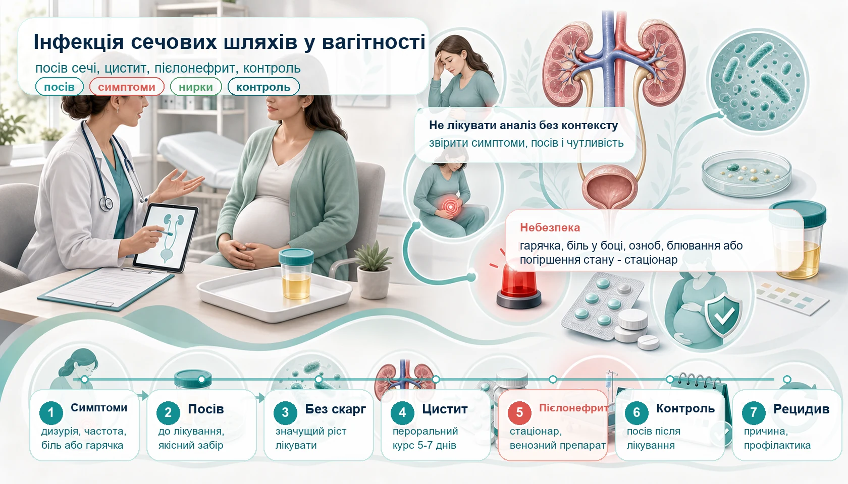 Медична інфографіка алгоритму інфекції сечових шляхів у вагітності: консультація вагітної, симптоми, посів сечі, безсимптомна бактеріурія, цистит, пієлонефрит, безпечний антибіотик, стаціонар, контроль посіву і профілактика рецидиву.