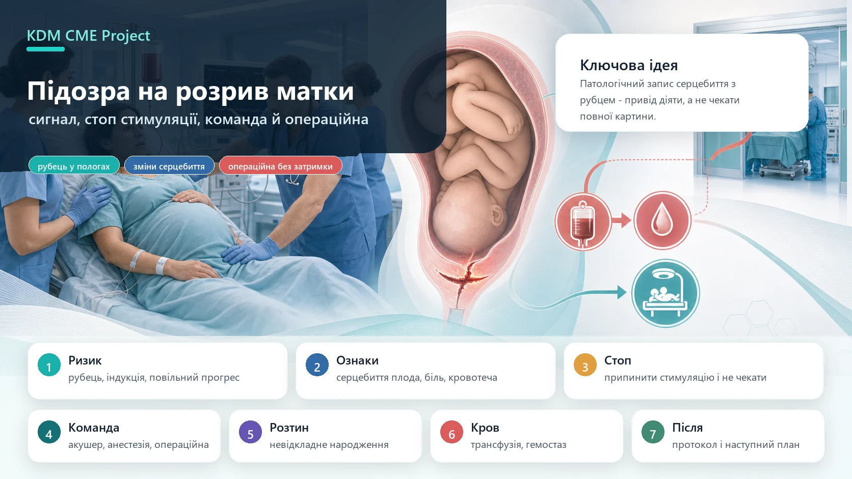 Інфографіка алгоритму підозри на розрив матки: вагінальні пологи після кесаревого розтину або рубець на матці, зміни кардіотокографії, біль чи кровотеча, зупинка окситоцину, виклик команди, негайний кесарів розтин, кров і реанімація.