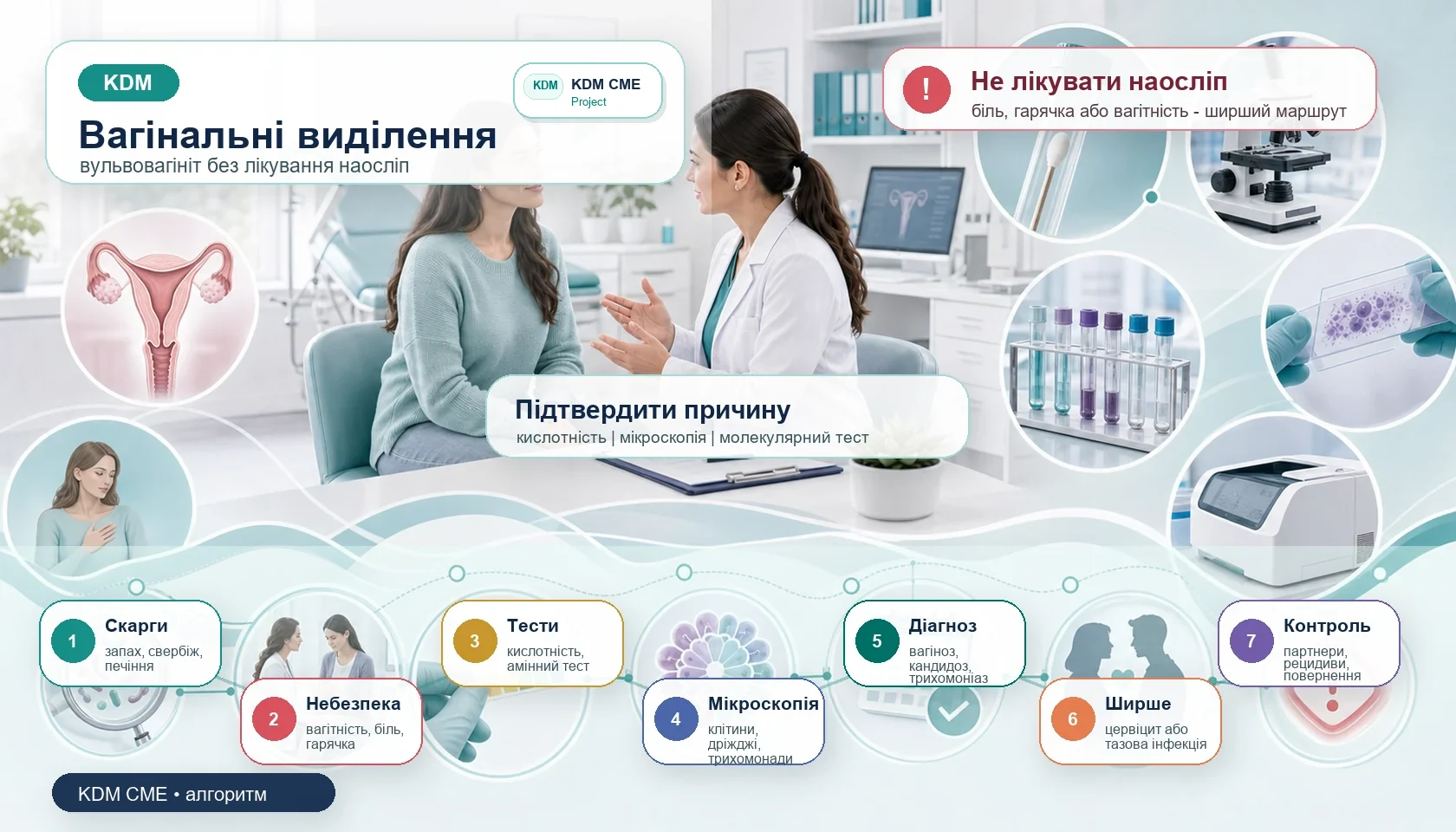 Інфографіка алгоритму вагінальних виділень і вульвовагініту: скарги, симптоми небезпеки, кислотність піхви, мікроскопія, бактеріальний вагіноз, вульвовагінальний кандидоз, трихомоніаз, цервіцит, запальне захворювання органів малого таза, рецидиви, партнери і контроль.