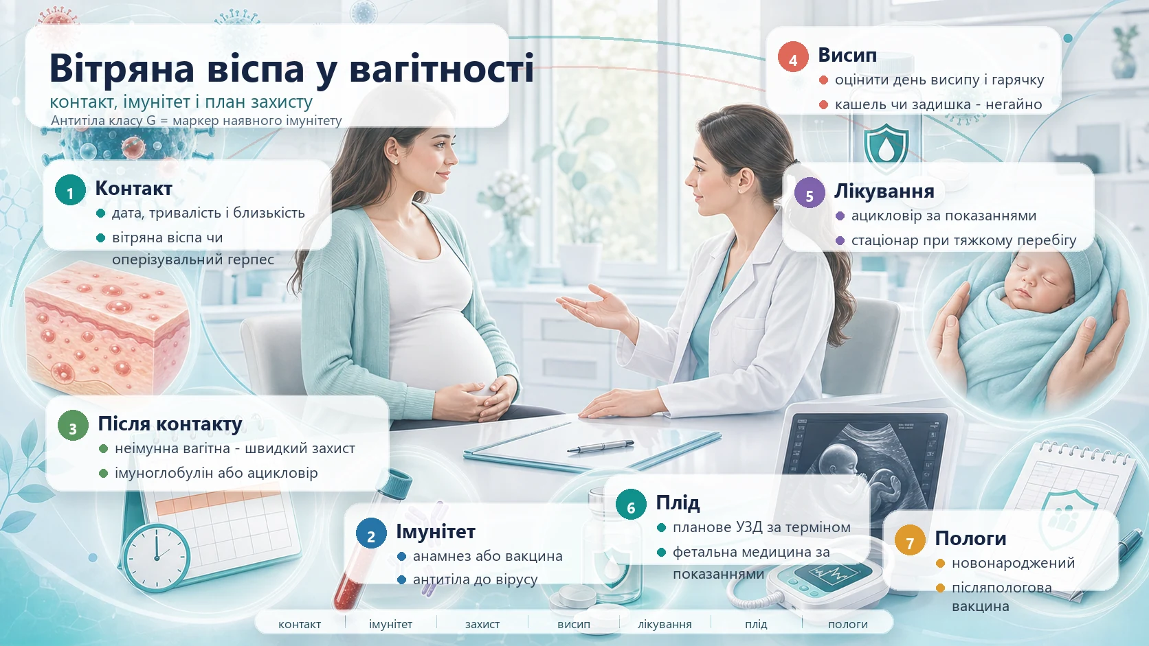 Інфографіка алгоритму вітряної віспи у вагітності: контакт, антитіла класу G, постконтактний захист, ацикловір, висип, пневмонія, спостереження плода, пологи і новонароджений.