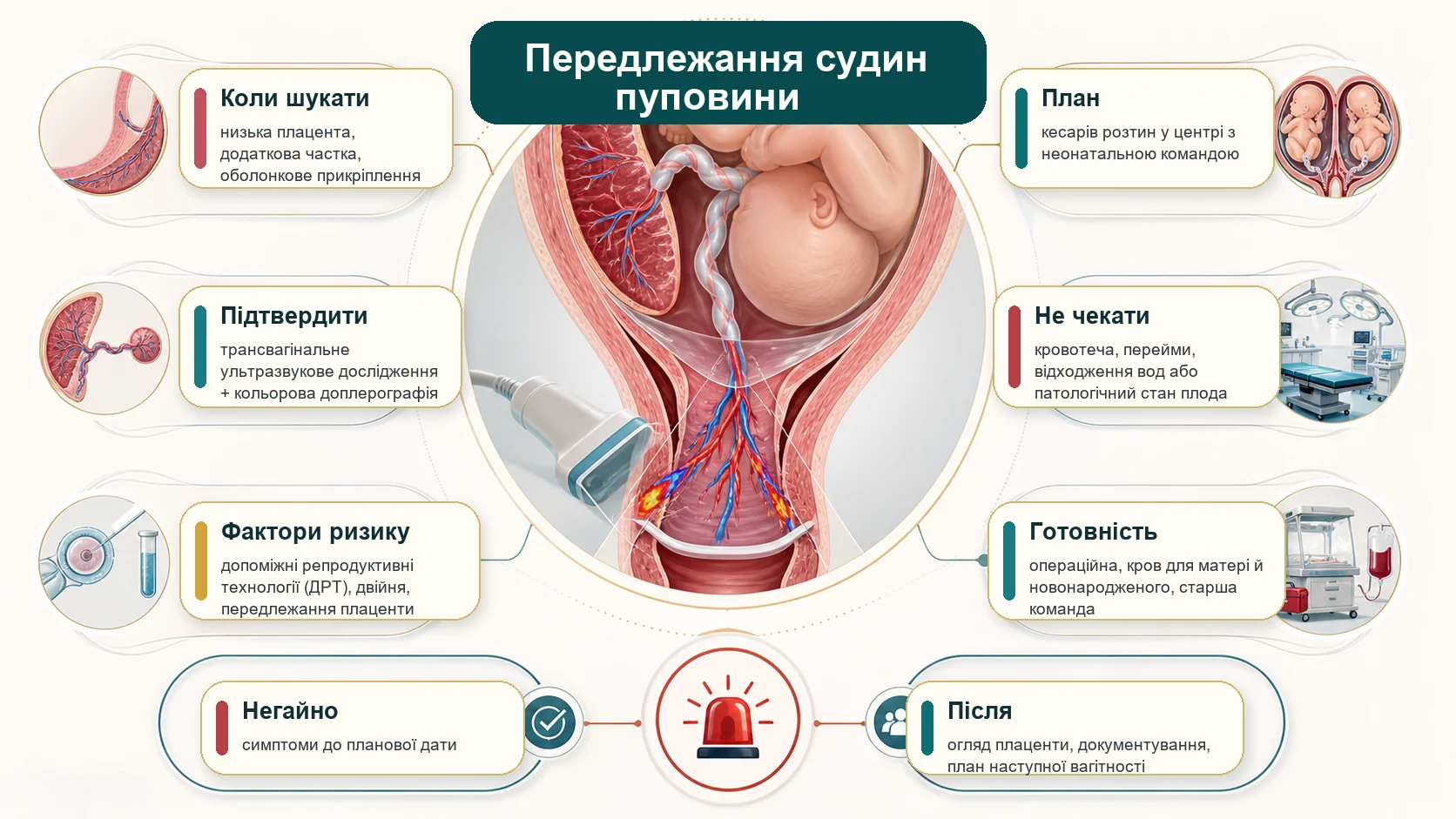 Інфографіка алгоритму передлежання судин пуповини: низька плацента, додаткова частка плаценти, оболонкове прикріплення пуповини, допоміжні репродуктивні технології, трансвагінальне ультразвукове дослідження, кольорова доплерографія, план кесаревого розтину до переймів і розриву оболонок, кровотеча або відходження вод як невідкладна ситуація, операційна і неонатальна готовність.