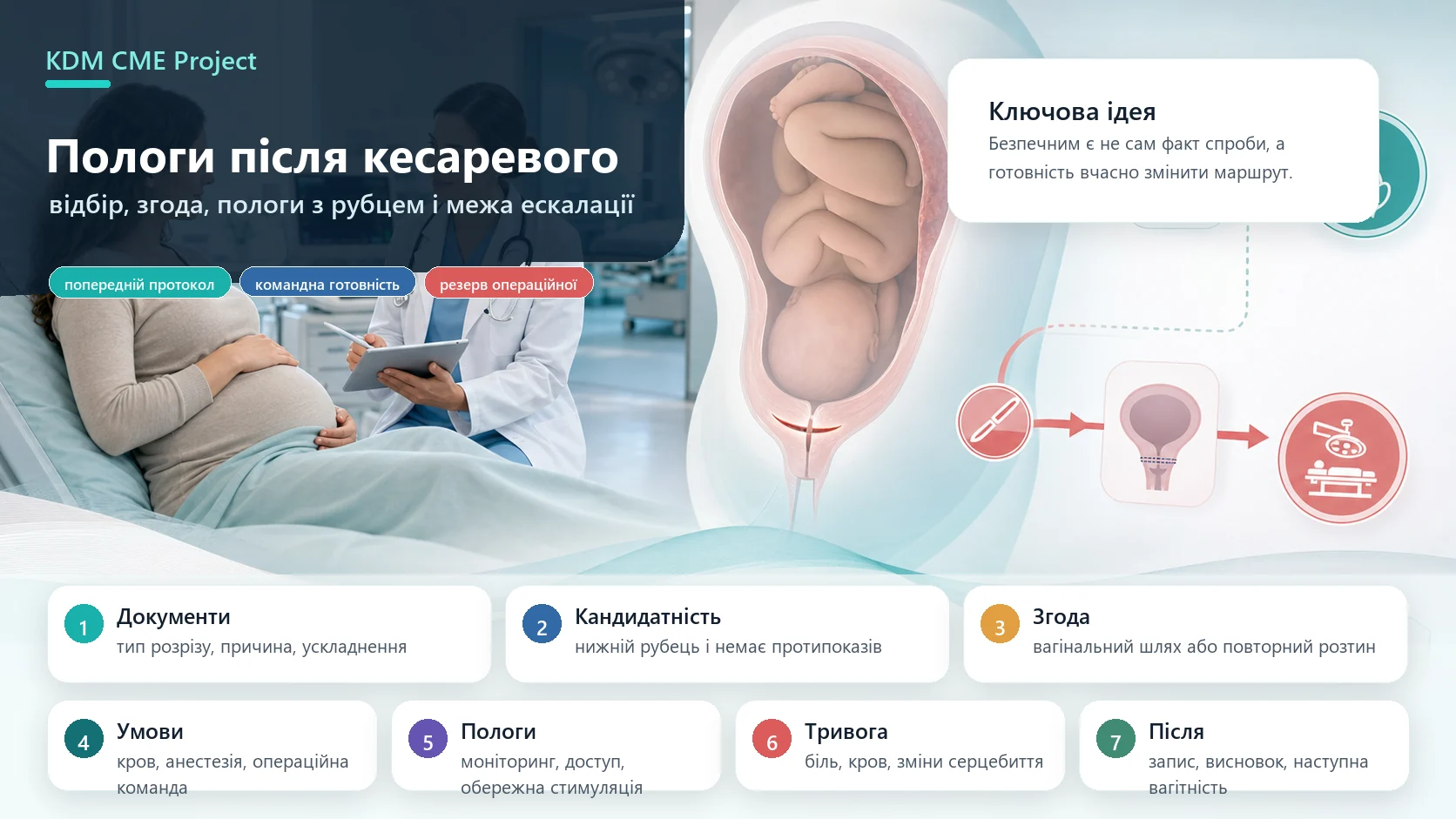 Інфографіка алгоритму вагінальних пологів після кесаревого розтину: попередній операційний протокол, кандидатність до вагінальних пологів, протипоказання, консультування, умови закладу, спонтанний початок пологів, обережна індукція з рубцем, безперервний моніторинг плода, ознаки розриву матки, готовність до невідкладного кесаревого розтину і післяпологовий розбір.