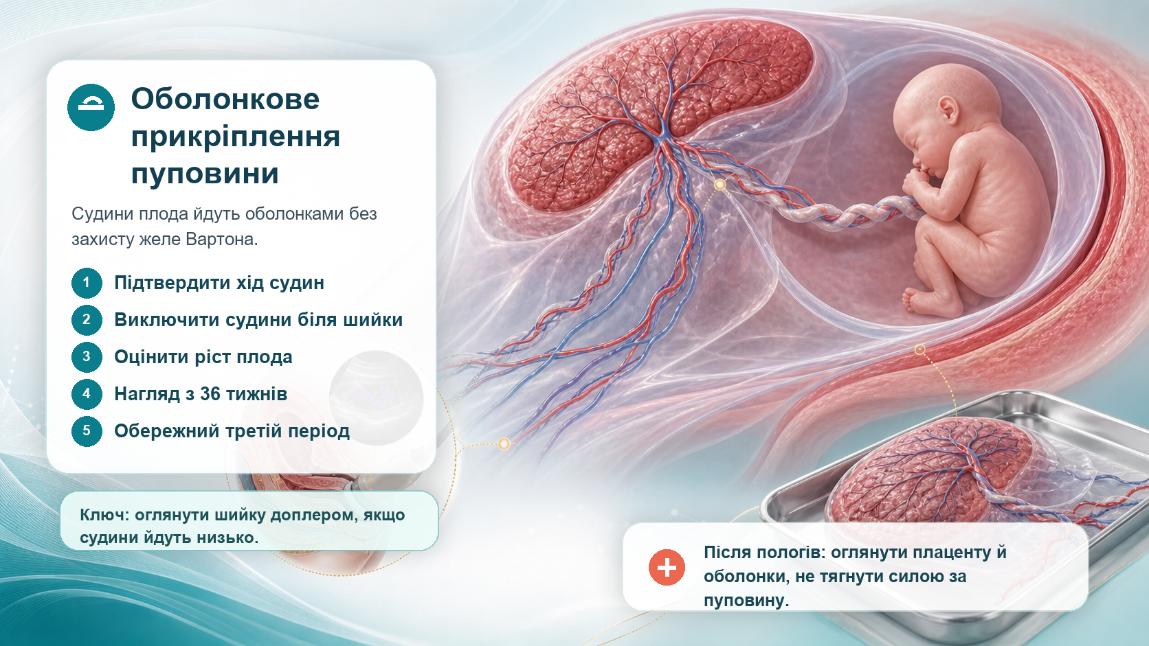 Інфографіка алгоритму оболонкового прикріплення пуповини: судини проходять оболонками без захисту желе Вартона, підтвердження ультразвуковим дослідженням і кольоровою доплерографією, трансвагінальне ультразвукове дослідження для виключення судин біля внутрішнього вічка, контроль росту плода, антенатальний нагляд із 36 тижнів, обережне ведення пологів, огляд плаценти й оболонок після народження.