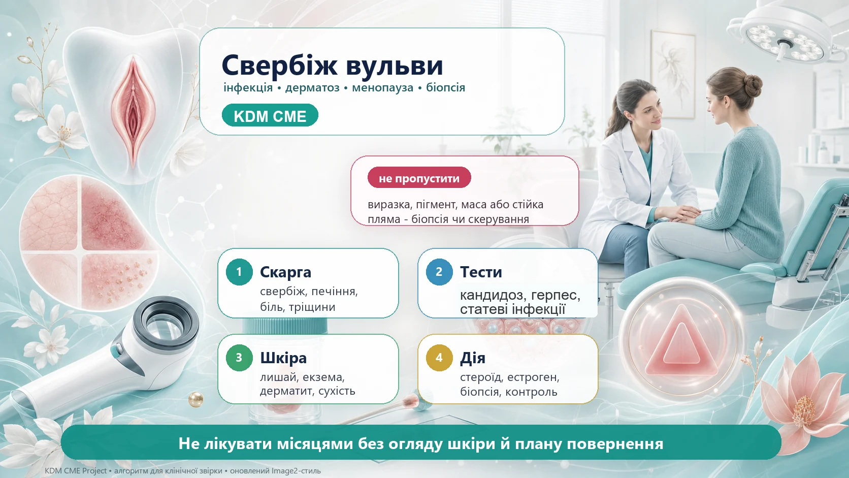 Інфографіка алгоритму свербежу вульви і дерматозів: анамнез, подразники, огляд шкіри, симптоми небезпеки, інфекції, кандидоз, герпес, склерозивний лишай, плоский лишай, простий хронічний лишай, біопсія, місцева стероїдна терапія, генітоуринарний синдром менопаузи, передракові стани і контроль.