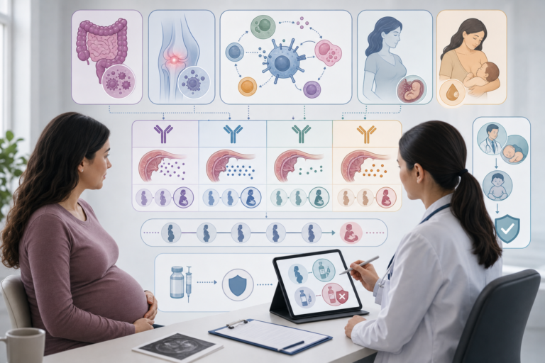 Медична обкладинка про anti-TNF biologic therapy, pregnancy, placental transfer, IBD, inflammatory arthritis, newborn live vaccines, BCG, rotavirus і breastfeeding без читабельного тексту