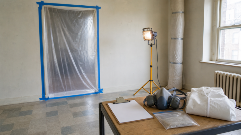 Фотореалістична горизонтальна предметна обкладинка про азбест під час ремонту у вагітність і лактацію: порожня стара кімната, дверний проріз закритий прозорою плівкою і синьою стрічкою, робоча лампа, порожній планшет, безіменний пакет для зразка, респіратор і складений захисний одяг на столі; без людей, облич, рук, частин тіла, силуетів, анатомічних моделей, читабельного тексту, логотипів і водяних знаків