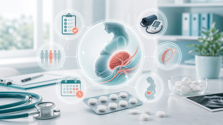 Професійна медична ілюстрація профілактики прееклампсії low-dose aspirin з вагітністю, плацентою, контролем артеріального тиску, оцінкою ризику і календарем старту