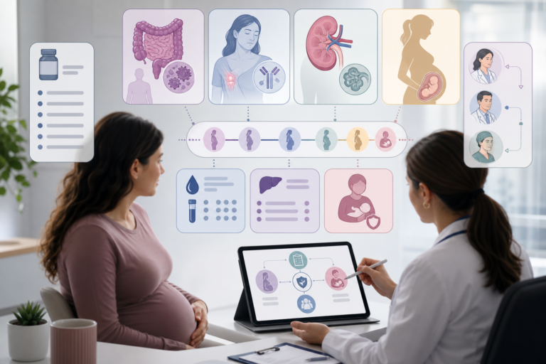 Медична обкладинка про azathioprine, 6-mercaptopurine, pregnancy exposure, IBD, SLE, kidney transplant, CBC/LFT monitoring, cholestasis і breastfeeding без читабельного тексту
