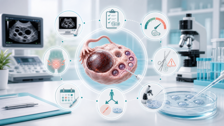 Професійна медична ілюстрація ендометріоми перед IVF з оваріальним резервом, AMH AFC, фолікулами, пункцією, IVF-лабораторією, болем і рішенням операція чи IVF