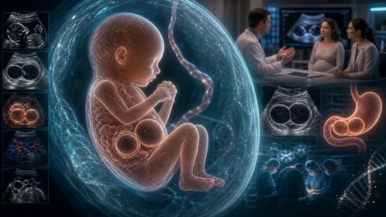 Медична hero-ілюстрація без тексту: fetal duodenal atresia, УЗД-подібний double bubble sign у животі плода, багатоводдя, genetic counseling і планування пологів з neonatal surgery