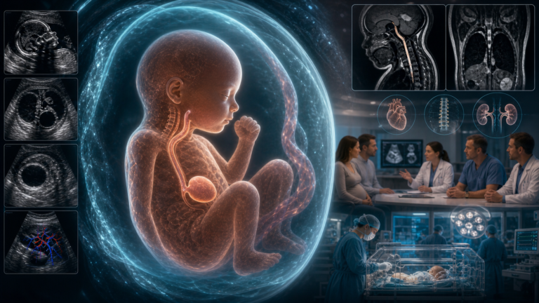 Медична hero-ілюстрація без тексту: fetal esophageal atresia, tracheoesophageal fistula, small or absent stomach bubble, blind upper esophageal pouch, polyhydramnios, VACTERL counseling і neonatal surgery planning