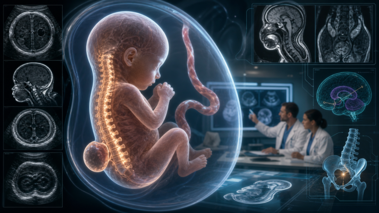 Медична hero-ілюстрація без тексту: fetal open spina bifida myelomeningocele, підсвічений хребет плода, невеликий lumbosacral neural tube defect, ventriculomegaly, Chiari II neurosonography, fetal MRI і консультація fetal surgery