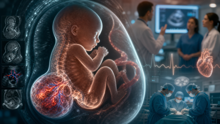 Медична hero-ілюстрація без тексту: fetal sacrococcygeal teratoma, велика судинна маса в крижово-куприковій ділянці плода, Doppler vascularity, fetal echo, fetal MRI, hydrops surveillance і командне планування пологів з neonatal surgery