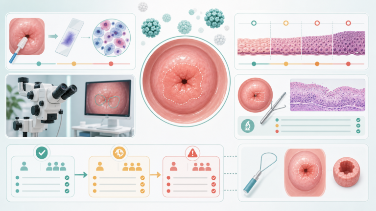 Професійна медична ілюстрація HPV, цитології, кольпоскопії, гістології, risk-based маршруту ASCCP і ексцизійного лікування шийки матки