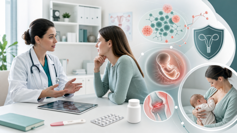 Медична обкладинка про JAK inhibitors, pregnancy exposure, contraception, inflammatory disease control, breastfeeding і консультацію акушера-гінеколога без читабельного тексту