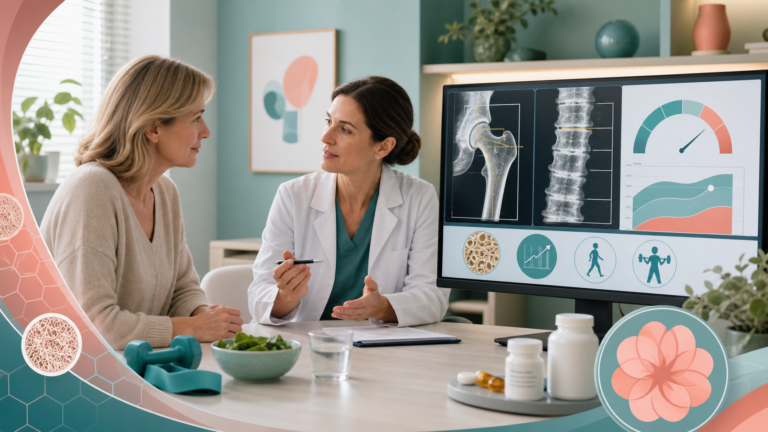 Консультація жінки в менопаузі з лікаркою біля монітора з DXA hip and spine scan, індикатором ризику переломів, візуальними символами кісткової щільності, фізичної активності, кальцію та вітаміну D