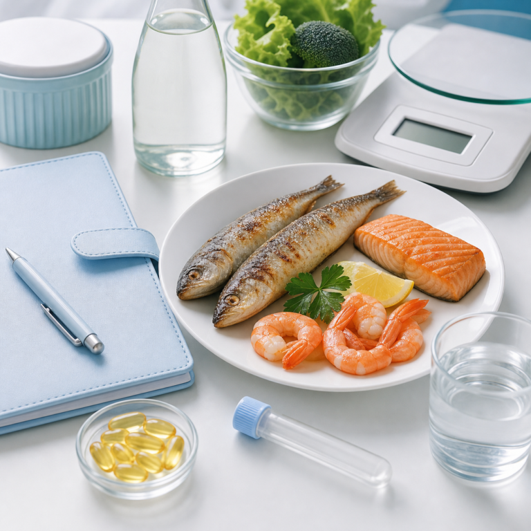 Предметна медична обкладинка про ртуть, рибу, морепродукти, вагітність і лактацію без людей, логотипів і читабельного тексту