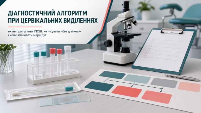 Медична обкладинка про діагностичний алгоритм при цервікальних виділеннях: мікроскоп, пробірки, стерильний тампон, предметне скло і схема маршруту без дрібних написів