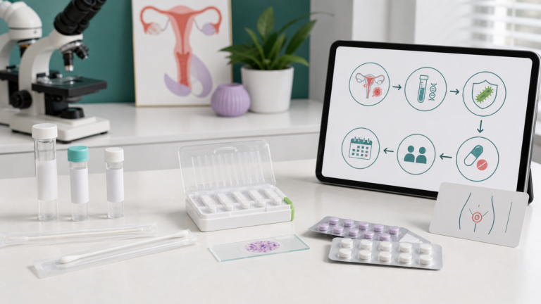 Реалістична editorial hero-ілюстрація для огляду про Mycoplasma genitalium: стерильні мазки, пробірки для NAAT, мікроскоп, безтекстова схема резистентності, таблетки без брендів, партнерське повідомлення і календар контролю