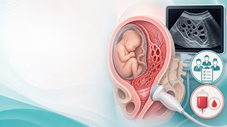 Медична обкладинка про placenta accreta spectrum: вагітна матка з плацентою на рубці, УЗД-екран із лакунами, командний чеклист і символ готовності крові