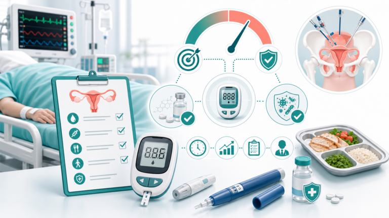 Медична ілюстрація післяопераційної гіперглікемії після гінекологічної операції з глюкометром, інсуліном, стероїдним препаратом, монітором і ERAS-маршрутом