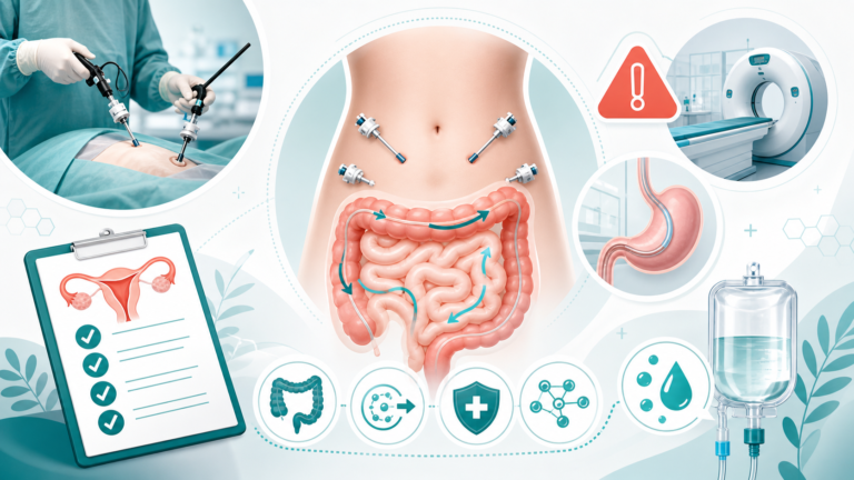 Медична ілюстрація післяопераційного ileus та можливого ушкодження кишки після лапароскопічної гінекологічної операції з кишковими петлями, КТ, ERAS-мобілізацією, електролітами та попереджувальним знаком