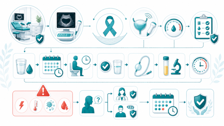 Медична інфографіка післяопераційного ведення після midurethral sling з bladder scan, PVR, voiding trial, катетером, UTI testing, urgency, mesh warning і revision pathway