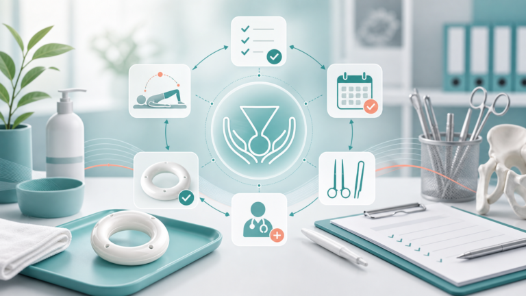 Медична ілюстрація маршруту ведення пролапсу з песарієм, pelvic floor therapy, контрольними візитами і хірургічним направленням