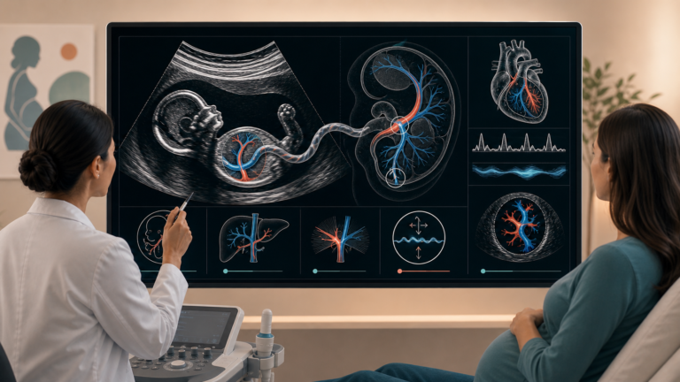 Медична hero-ілюстрація без читабельного тексту: fetal vascular map на УЗД, плід у профіль, пупкова вена з color Doppler, portal venous system, ductus venosus check і натяк на fetal echocardiography