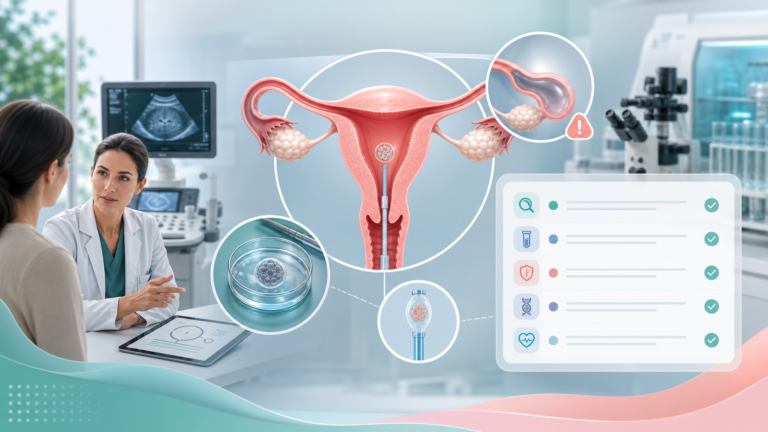 Професійна медична ілюстрація RIF перед IVF з ембріоном, ембріотрансфером, порожниною матки, гідросальпінксом і діагностичним чеклистом