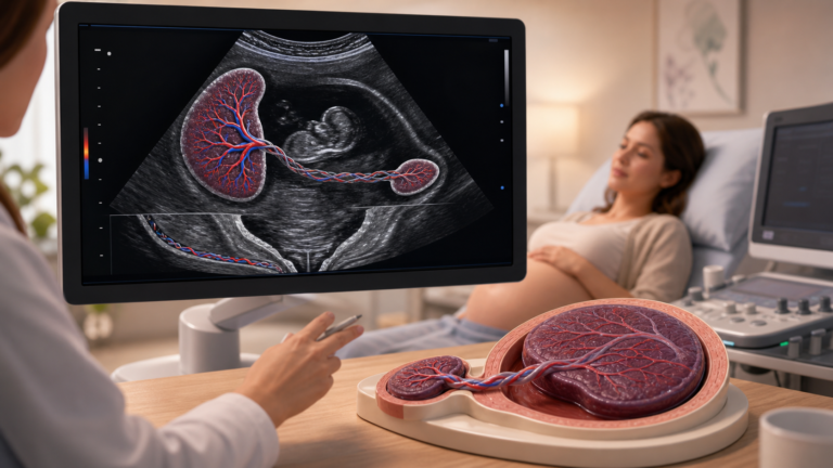 Медична hero-ілюстрація без читабельного тексту: пренатальне УЗД з color Doppler, основна плацента, маленька accessory lobe, судини між частками, нижній сегмент матки та клінічна модель плаценти