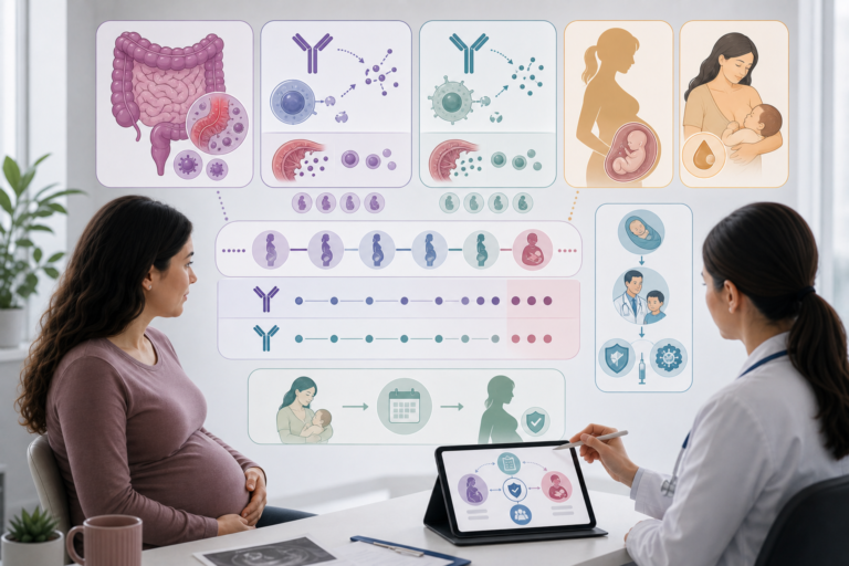 Медична обкладинка про vedolizumab, ustekinumab, IBD, вагітність, плацентарний перехід, живі вакцини, BCG, ротавірус, грудне вигодовування і післяпологове відновлення терапії без читабельного тексту