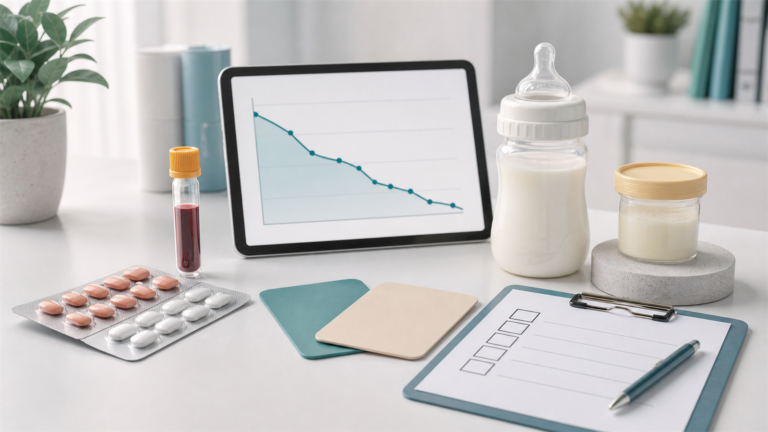 Медична обкладинка про ВІЛ, ART, вірусну супресію, infant feeding options і follow-up: антиретровірусні таблетки без маркування, пробірка, планшет з абстрактним графіком, пляшечка для годування, контейнер донорського молока і чек-лист без читабельного тексту