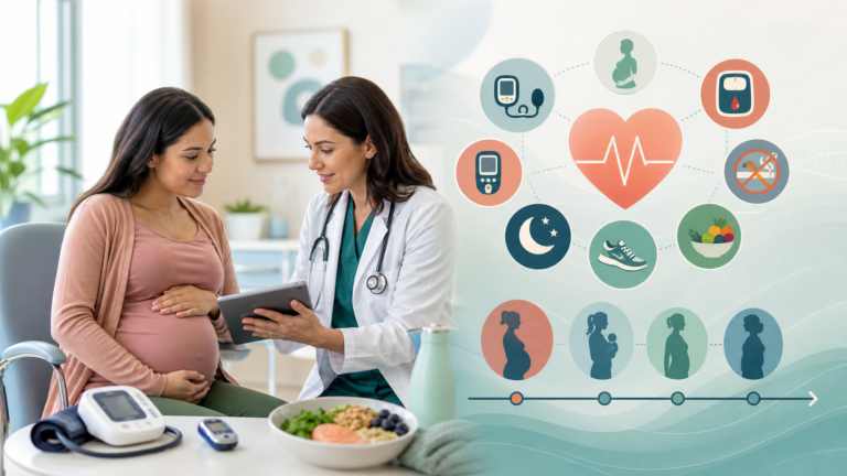 Медична обкладинка про Life's Essential 8 у вагітності: вагітна пацієнтка та лікар обговорюють кардіометаболічний профіль, тиск, глюкозу, сон, активність, харчування і післяпологовий нагляд